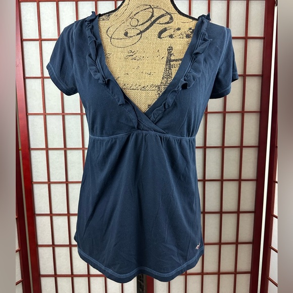 Hollister Tops - Y2K Hollister Navy Blue Short Sleeve Ruffle Neck Downtown Girl Babydoll Top